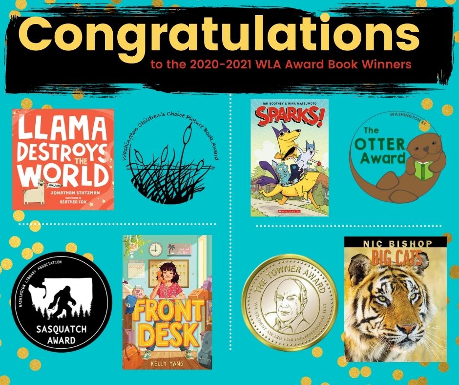 2021 WLA book award winners, featuring the cover of each book winner next to its designated book award logo